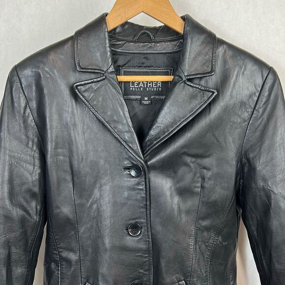Vtg 90s Wilsons Leather Pelle Studio Jacket Coat Sz Medium Black Fitted Button F - Picture 2 of 11